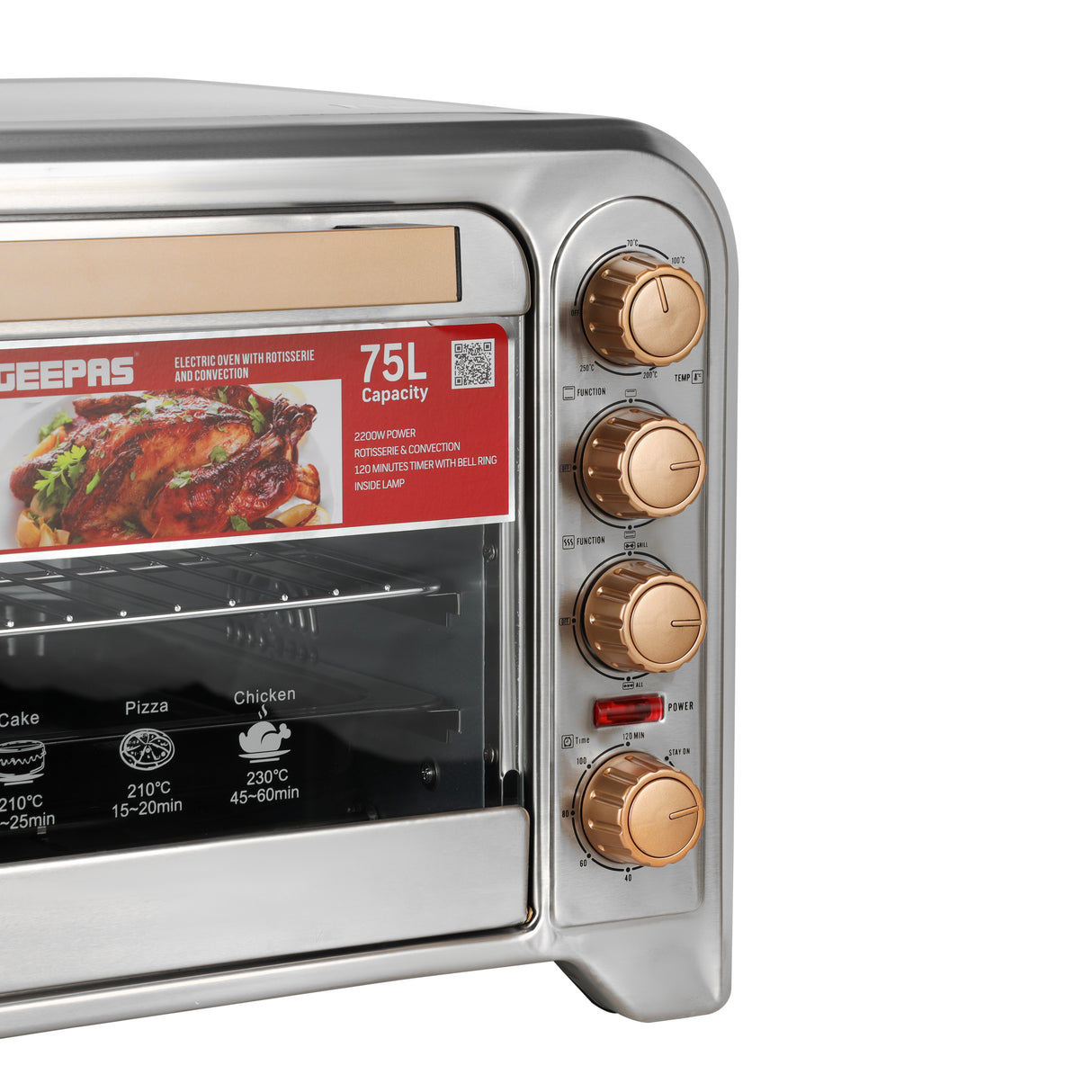 Geepas Electric Oven GO34041 | 75L Large Capacity| 2200W Powerful Performance with Convection & Rotisserie Functions| Adjustable Temperature Control | 2 Years Warranty