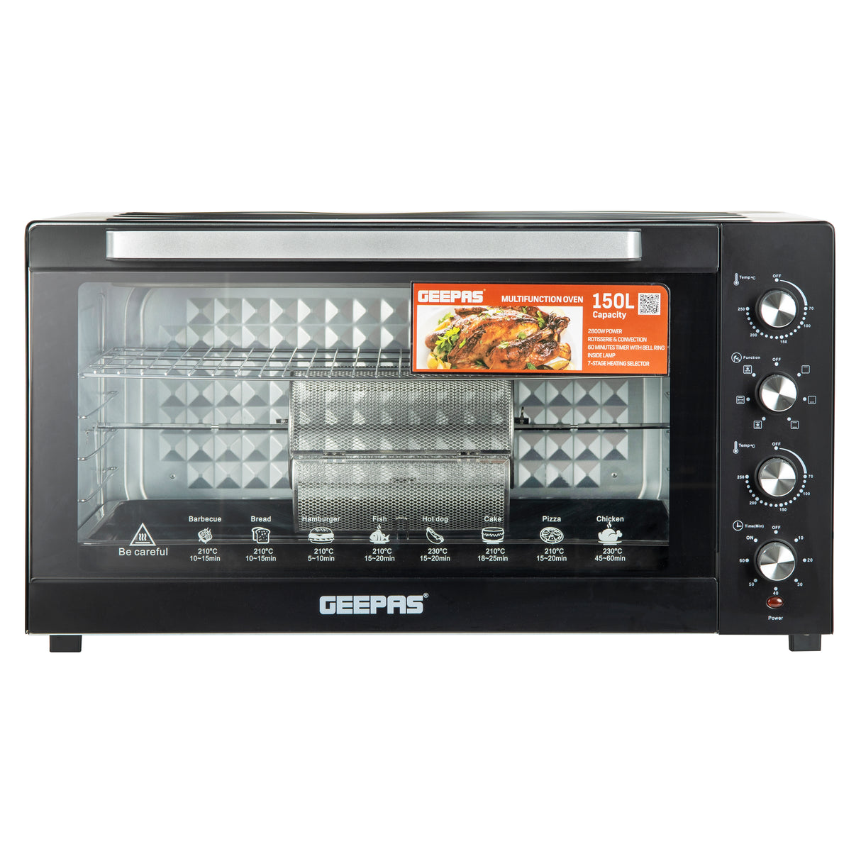 Geepas Multi-Function Oven G034055 |150L capacity| 2800W | rotisserie| convection| 7 cooking functions| 60-min timer| adjustable temperature control|2 Years Warranty