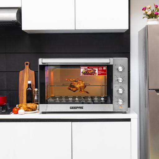 Geepas 120L Multi-Function Oven GO34057 | 2800W Power | Rotisserie & Convection Function| 120 Minutes Timer| 7 Heating Stages| Stainless Steel Design| 2 Years Warranty