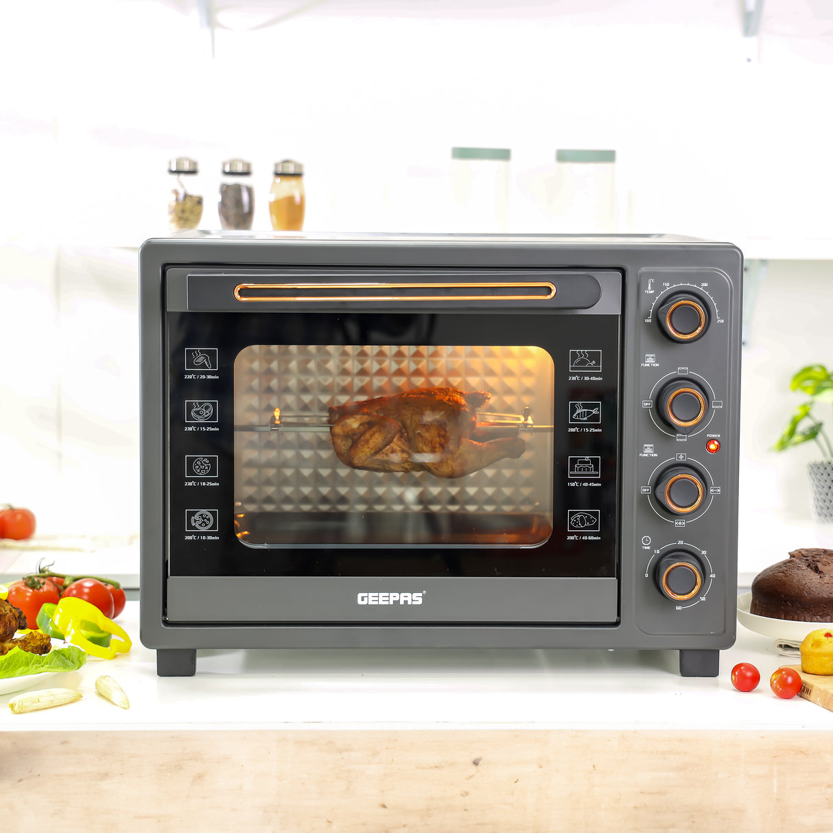 Geepas Electric Oven-GO34060  with Rotisserie & Convection | 58L Capacity|  Double Glass Door|  60-Min Timer|  Adjustable Temperature |  2100W Power |  2-Year Warranty