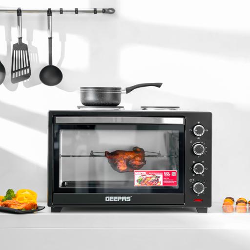 Geepas Electric Oven GO4452 | 60L Large Capacity | 2000W Power with Convection & Rotisserie Function | Adjustable Temperature Control | Durable Design | 2 Years Warranty
