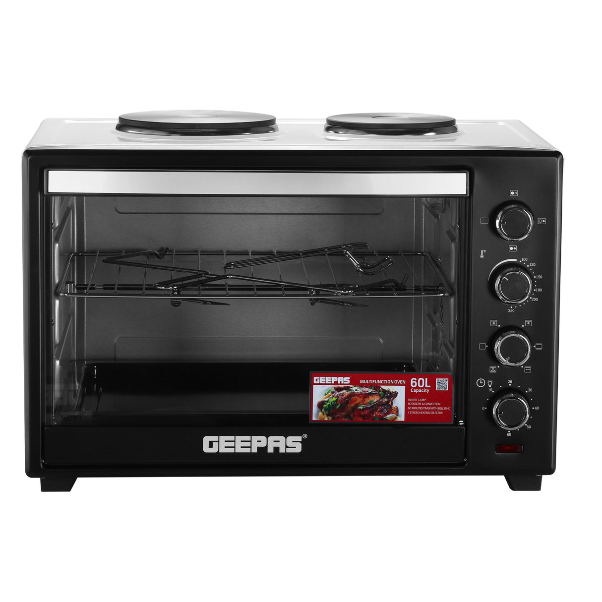 Geepas Electric Oven GO4452 | 60L Large Capacity | 2000W Power with Convection & Rotisserie Function | Adjustable Temperature Control | Durable Design | 2 Years Warranty