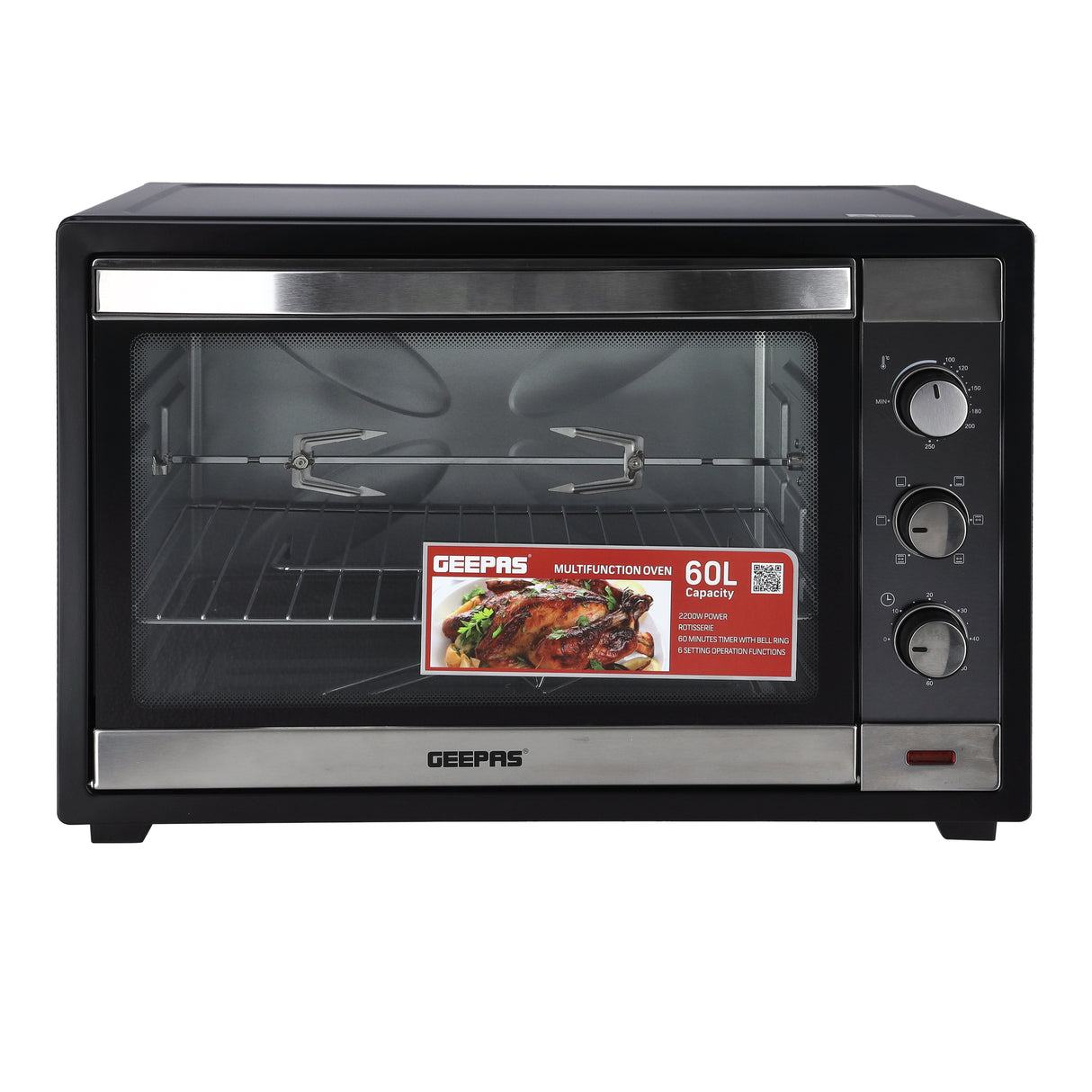 Geepas Electric Oven GO4459 | 60L Large Capacity | 2000W Powerful Performance with Rotisserie Function | Adjustable Temperature Control | Durable & Efficient Design