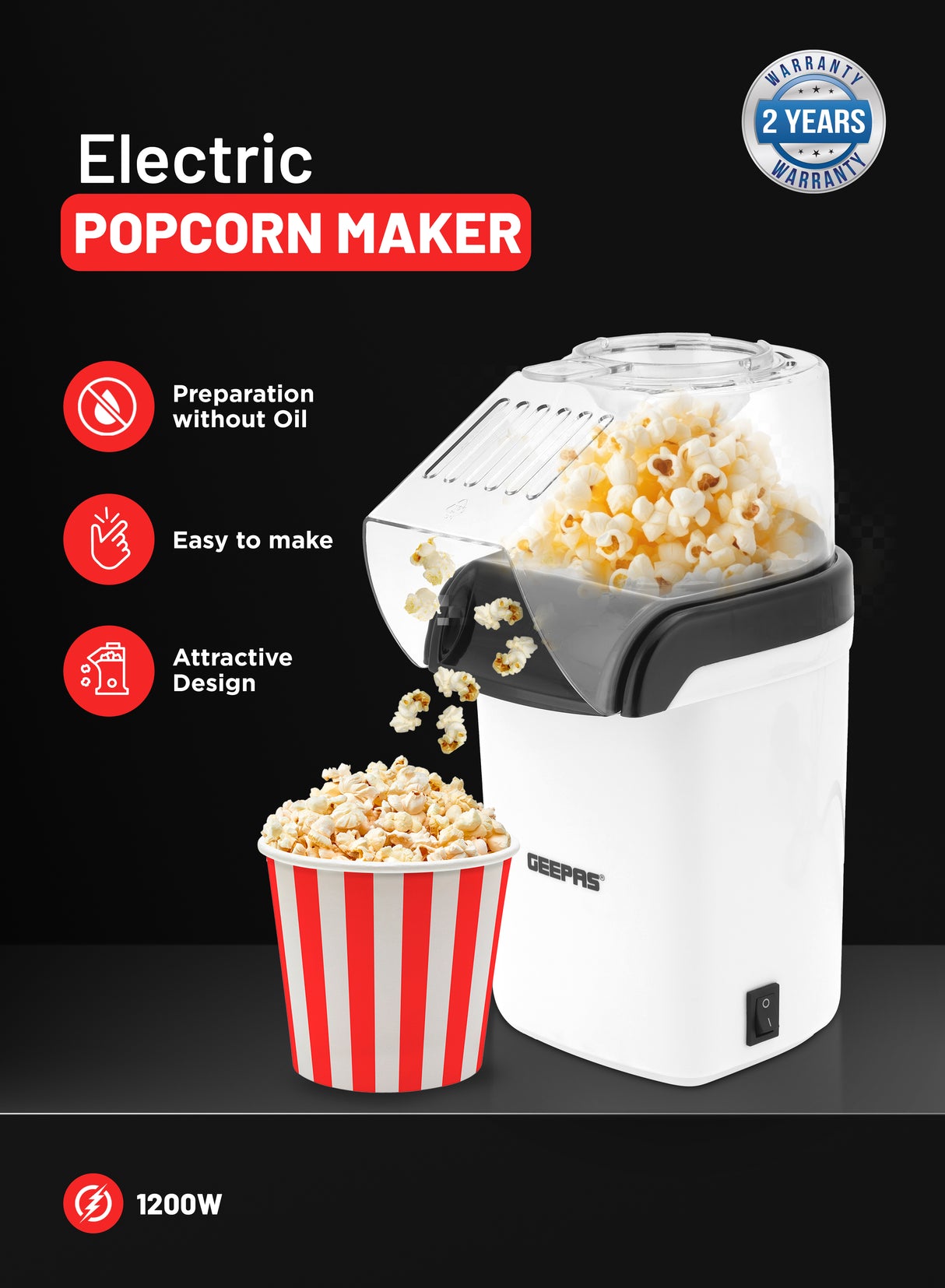 Geepas GPM840 Popcorn Maker | 1200W Hot Air Popcorn Machine | Large Capacity| Oil-Free Preparation| Easy One-Touch Operation| Compact & Stylish Design | 2 Years Warranty
