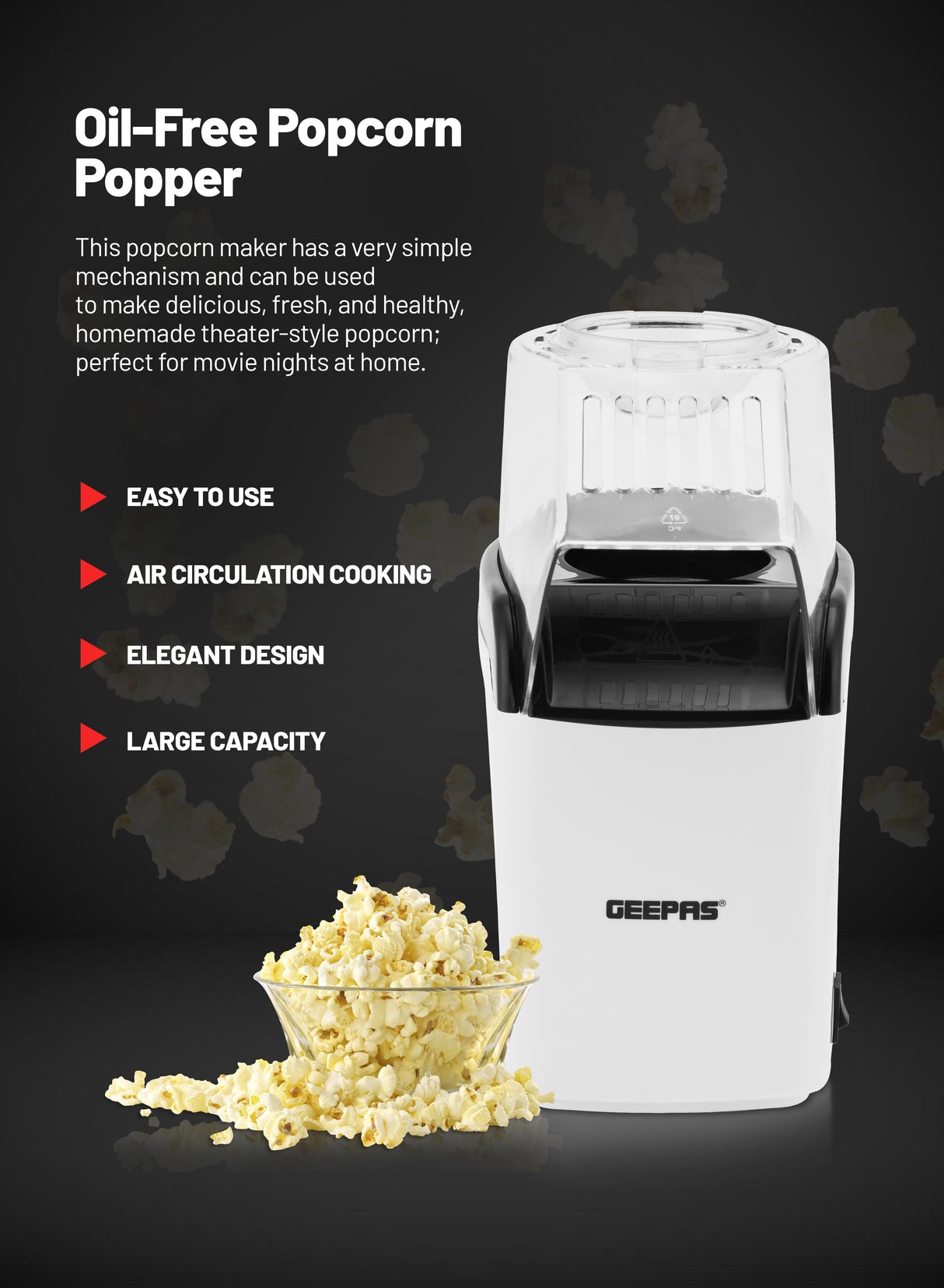 Geepas GPM840 Popcorn Maker | 1200W Hot Air Popcorn Machine | Large Capacity| Oil-Free Preparation| Easy One-Touch Operation| Compact & Stylish Design | 2 Years Warranty