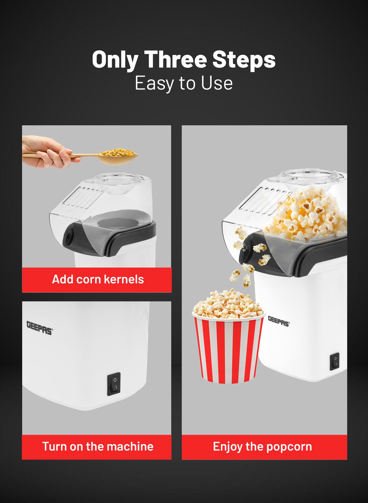 Geepas GPM840 Popcorn Maker | 1200W Hot Air Popcorn Machine | Large Capacity| Oil-Free Preparation| Easy One-Touch Operation| Compact & Stylish Design | 2 Years Warranty