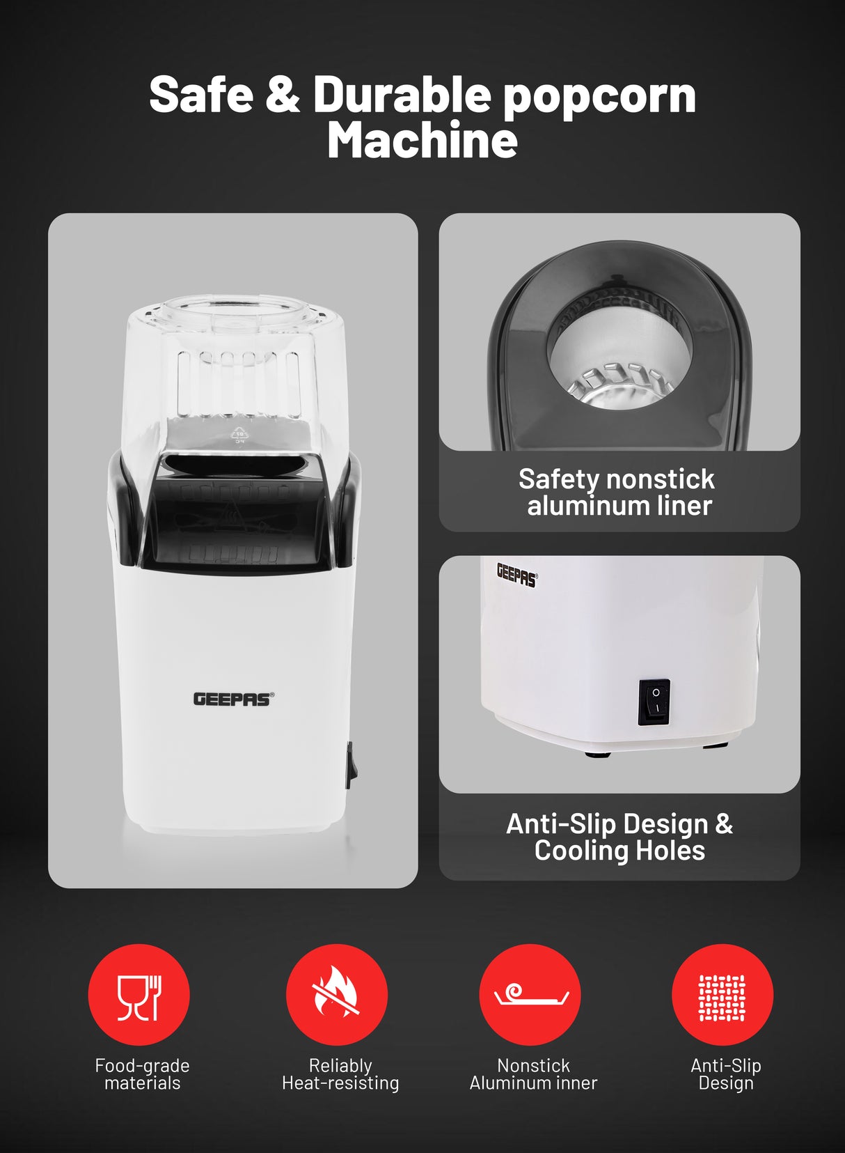 Geepas GPM840 Popcorn Maker | 1200W Hot Air Popcorn Machine | Large Capacity| Oil-Free Preparation| Easy One-Touch Operation| Compact & Stylish Design | 2 Years Warranty