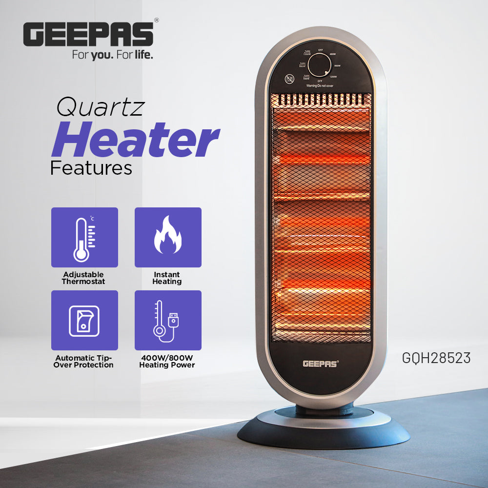 Geepas Quartz Heater GQH28523 | 400W/800W/1200W Instant Heating | Adjustable Thermostat| Wide-Angle Oscillation| Tip-Over Protection & Cool Touch Body | 2 Years Warranty