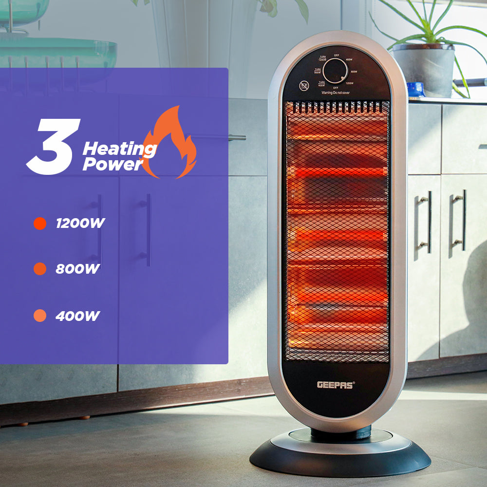 Geepas Quartz Heater GQH28523 | 400W/800W/1200W Instant Heating | Adjustable Thermostat| Wide-Angle Oscillation| Tip-Over Protection & Cool Touch Body | 2 Years Warranty