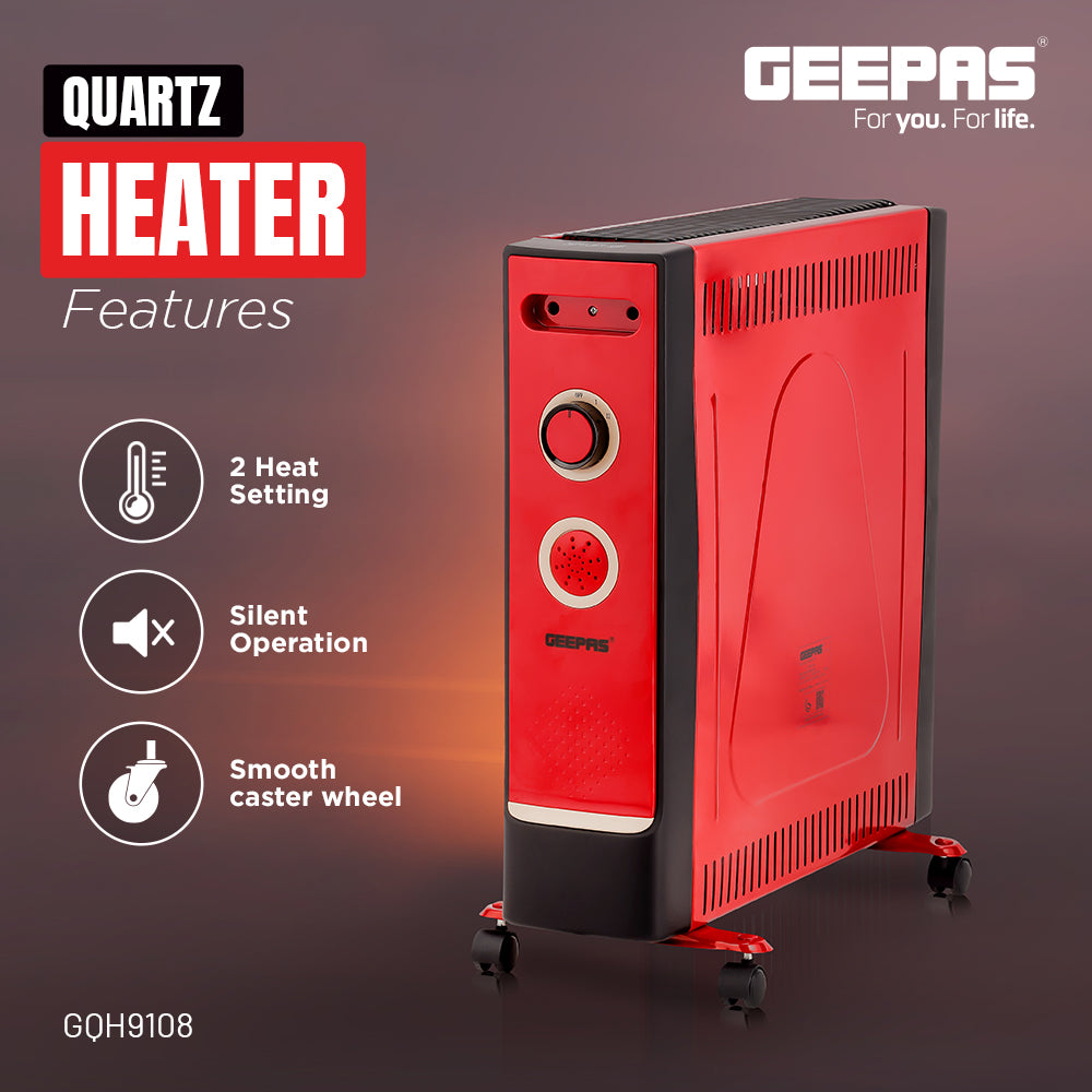 Geepas GQH9108 2200W Quartz Heater | 2 Heat Settings| Silent Operation| Adjustable Thermostat | Portable Design with Wheels| Energy Efficient & Safe | 2 Years Warranty