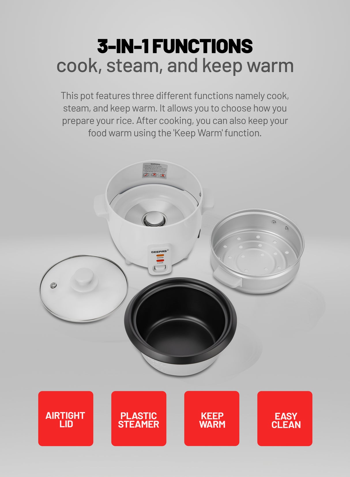Geepas Multifunction Rice Cooker GRC4324 | 0.6L Compact Capacity | Ideal for Cooking, Steaming & Keeping Food Warm | Efficient, Durable & Easy to Use | 2 Years Warranty