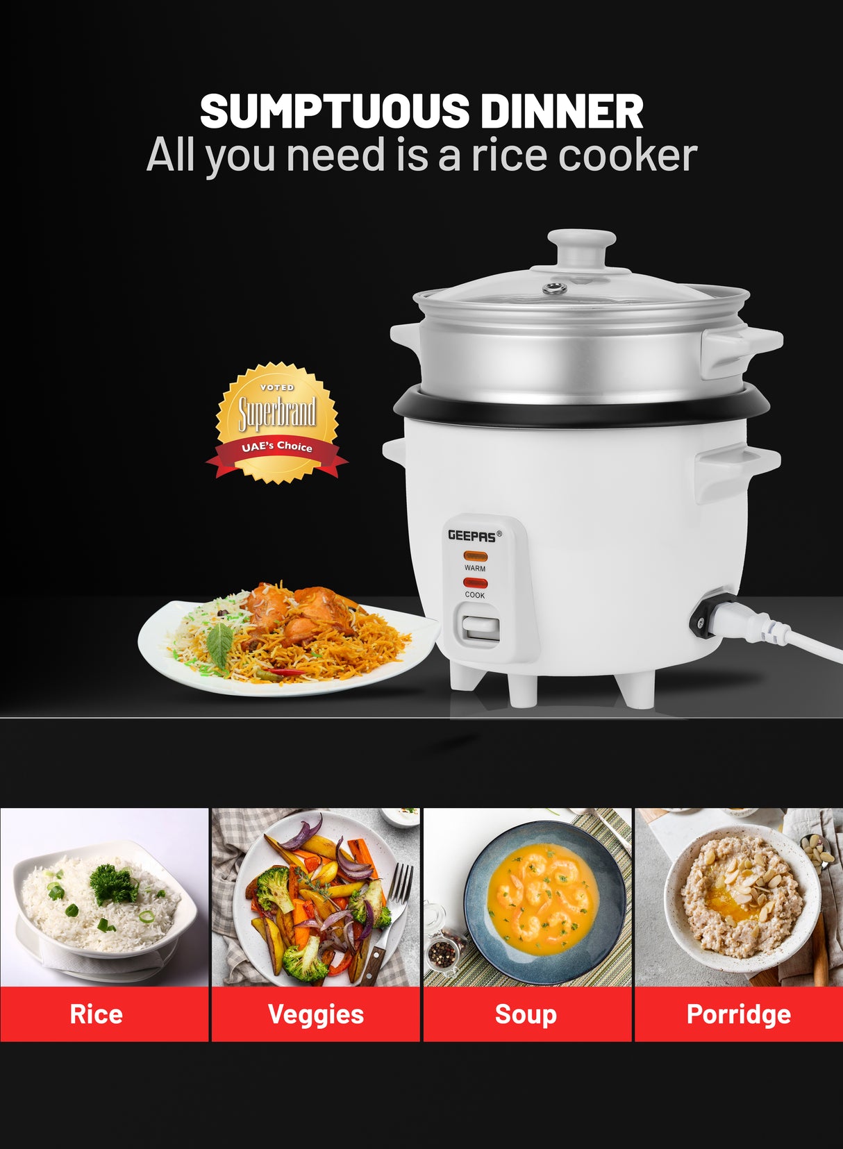 Geepas Multifunction Rice Cooker GRC4324 | 0.6L Compact Capacity | Ideal for Cooking, Steaming & Keeping Food Warm | Efficient, Durable & Easy to Use | 2 Years Warranty