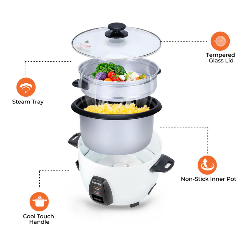 Geepas GRC4325 Multi-Function Rice Cooker | 1L Capacity| Perfect for Cooking, Steaming & Keeping Food Warm | Energy Efficient & Easy to Clean Design | 2 Years Warranty