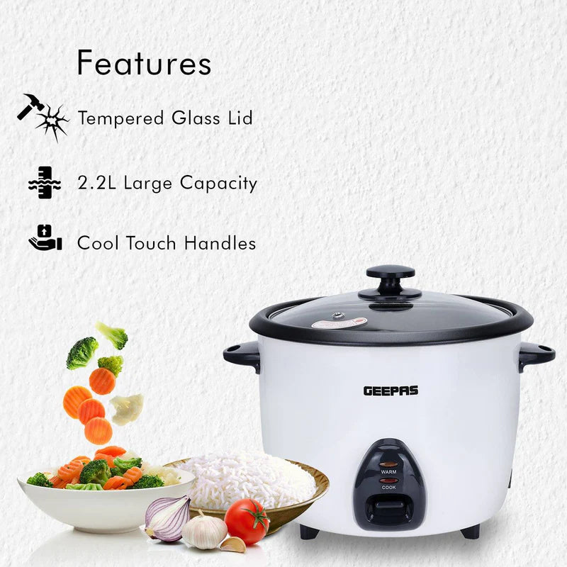 Geepas Automatic Rice Cooker GRC4326 | 2.2L Capacity | 3-in-1 Function – Cook, Steam & Keep Warm | Non-Stick Inner Pot, Easy to Clean & Durable Design | 2 Years Warranty