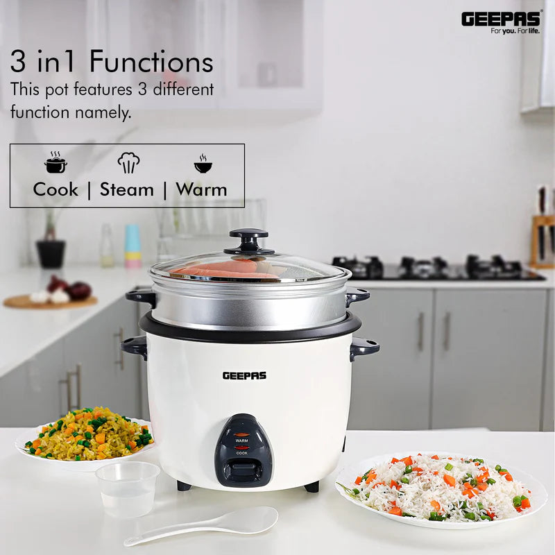 Geepas Automatic Rice Cooker GRC35011 | 1.5L Capacity | 500W Power | 3-in-1 Function Cook, Steam & Keep Warm | Durable Non-Stick Inner Pot | 2 Years Warranty