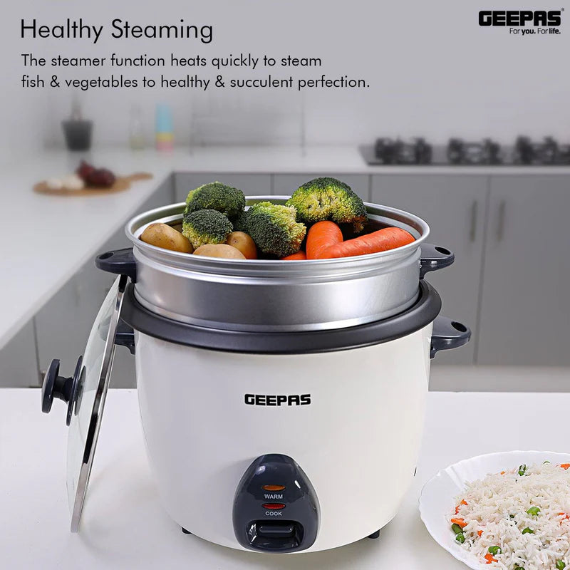 Geepas Automatic Rice Cooker GRC35011 | 1.5L Capacity | 500W Power | 3-in-1 Function Cook, Steam & Keep Warm | Durable Non-Stick Inner Pot | 2 Years Warranty