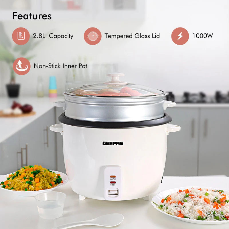 Geepas  Automatic Rice Cooker GRC4327 | 2.8L Large Capacity | 900W Power | Cook, Steam & Keep Warm Function | Non-Stick Inner Pot |  Energy Efficient | 2 Years Warranty
