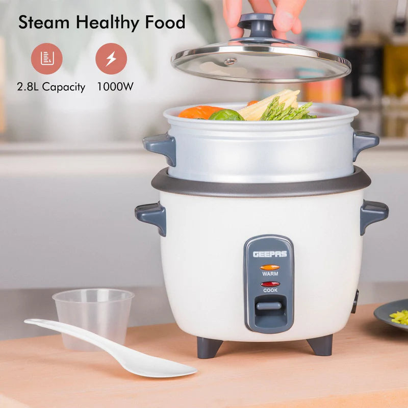 Geepas  Automatic Rice Cooker GRC4327 | 2.8L Large Capacity | 900W Power | Cook, Steam & Keep Warm Function | Non-Stick Inner Pot |  Energy Efficient | 2 Years Warranty
