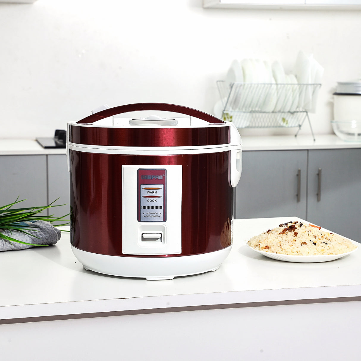 Geepas Stainless Steel Rice Cooker GRC4328 | 1.5L Capacity |Cook, Steam & Keep Warm | Durable Stainless Steel Body, Non-Stick Inner Pot & Easy to Clean | 2 Years Warranty