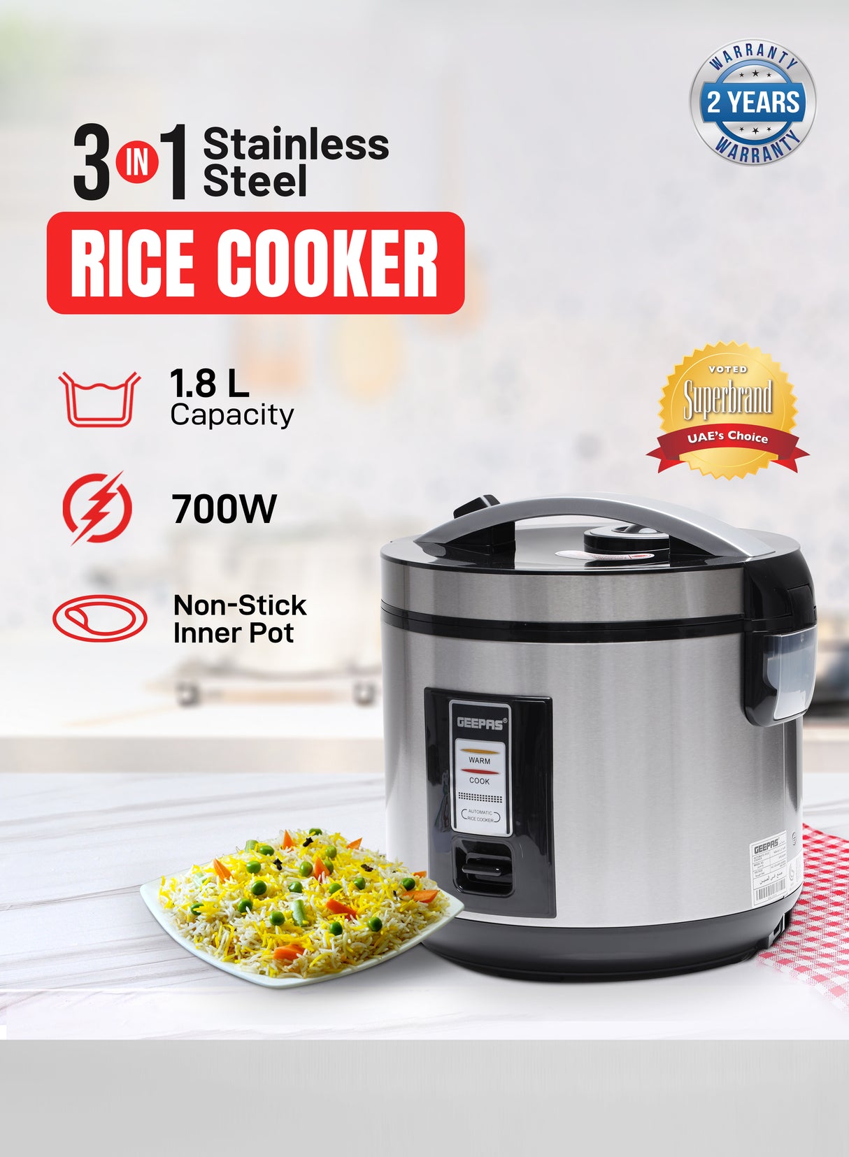 Geepas Automatic Rice Cooker GRC4330 | 1.8L Large Capacity | Ideal for Cooking, Steaming & Keeping Food Warm | Energy Efficient & Easy to Clean Design | 2 Years Warranty