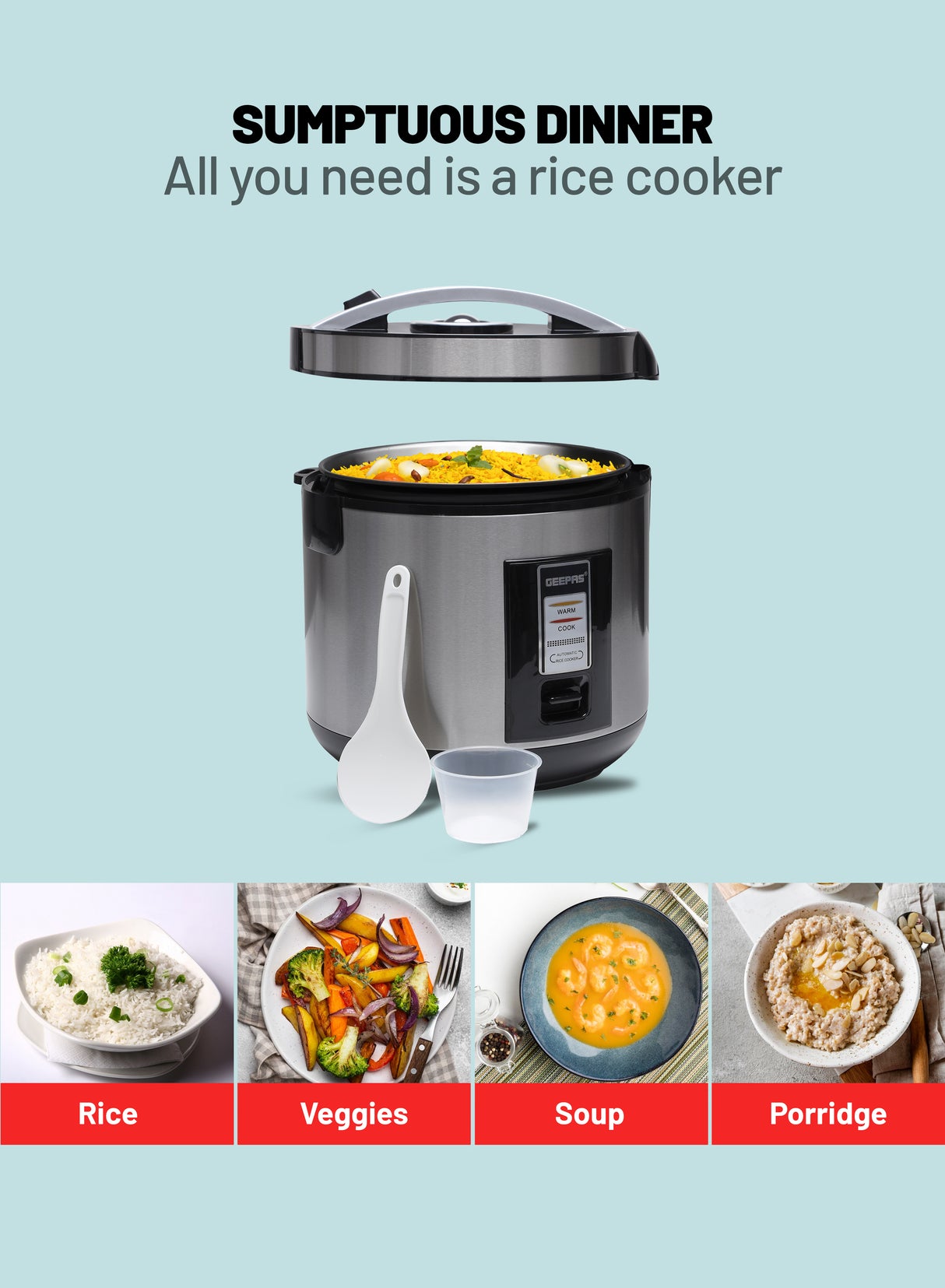 Geepas Automatic Rice Cooker GRC4330 | 1.8L Large Capacity | Ideal for Cooking, Steaming & Keeping Food Warm | Energy Efficient & Easy to Clean Design | 2 Years Warranty