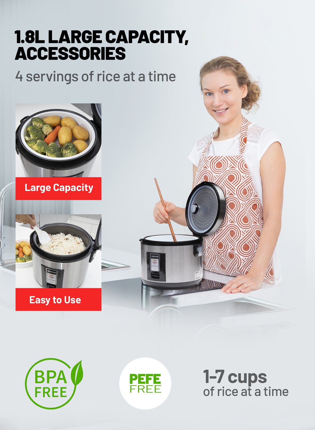 Geepas Automatic Rice Cooker GRC4330 | 1.8L Large Capacity | Ideal for Cooking, Steaming & Keeping Food Warm | Energy Efficient & Easy to Clean Design | 2 Years Warranty