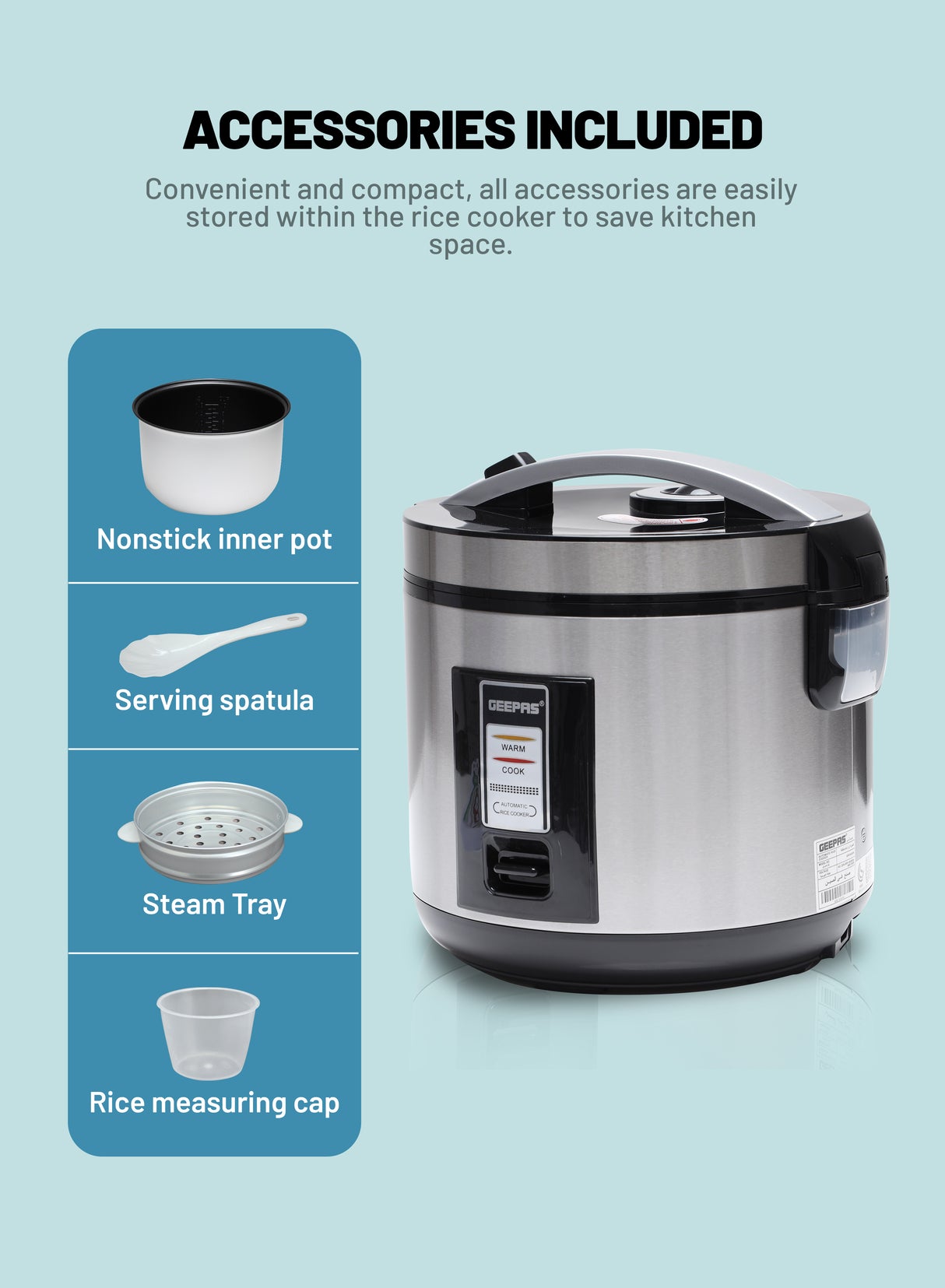 Geepas Automatic Rice Cooker GRC4330 | 1.8L Large Capacity | Ideal for Cooking, Steaming & Keeping Food Warm | Energy Efficient & Easy to Clean Design | 2 Years Warranty