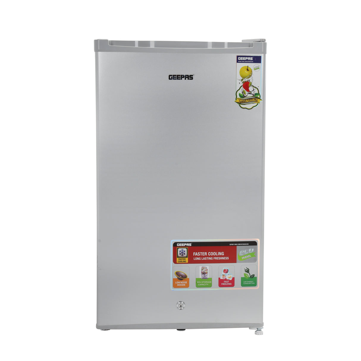 Geepas Single Door Refrigerator (GRF119SPE) with tempered glass shelves, low noise, energy saving, and tropical climate performance. Perfect for home or office use