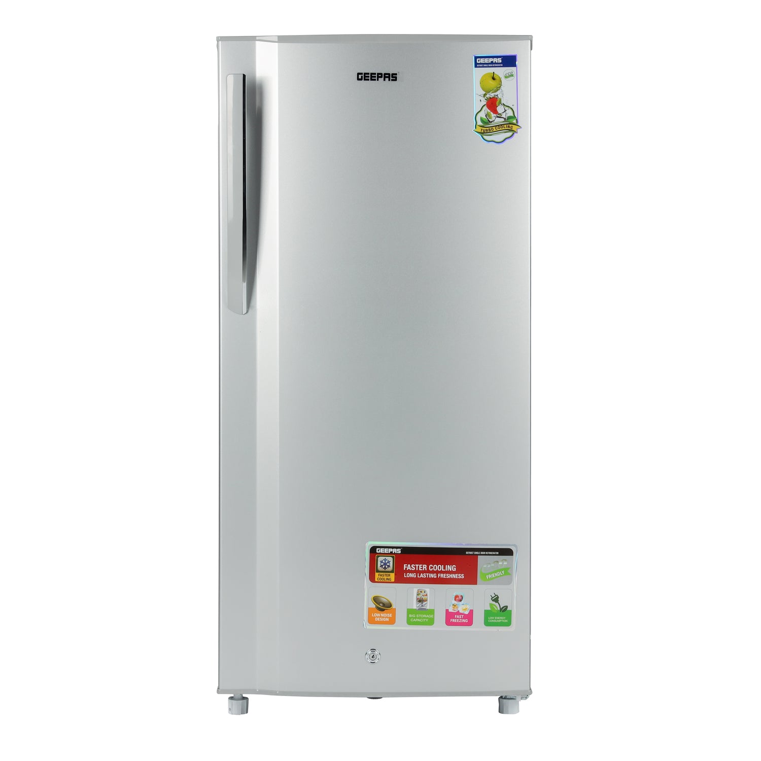 Geepas  Single Door Direct Cool Refrigerator- GRF2059SPE| Quick Cooling with Defrost Technology| Glass Shelves, Transparent Door Basket, Extra Space and Long Lasting Freshness| Low Noise Design and Low Voltage| Silver, 1 Year Warranty