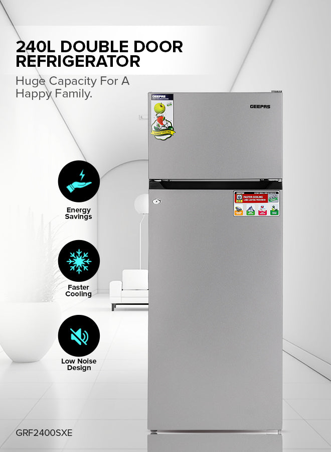 Geepas 240LTR* Double Door Refrigerator - Free Standing Durable Double Door Refrigerator, Fast Cooling & Long-lasting Freshness, Low Noise, Low Energy Consumption, Defrost Refrigerator