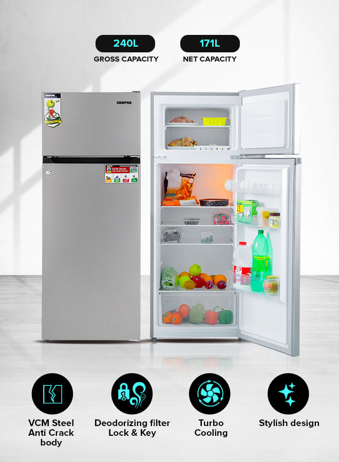Geepas 240LTR* Double Door Refrigerator - Free Standing Durable Double Door Refrigerator, Fast Cooling & Long-lasting Freshness, Low Noise, Low Energy Consumption, Defrost Refrigerator
