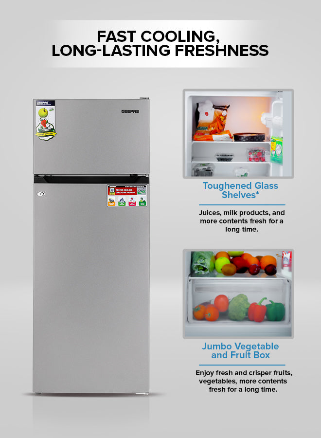 Geepas 240LTR* Double Door Refrigerator - Free Standing Durable Double Door Refrigerator, Fast Cooling & Long-lasting Freshness, Low Noise, Low Energy Consumption, Defrost Refrigerator