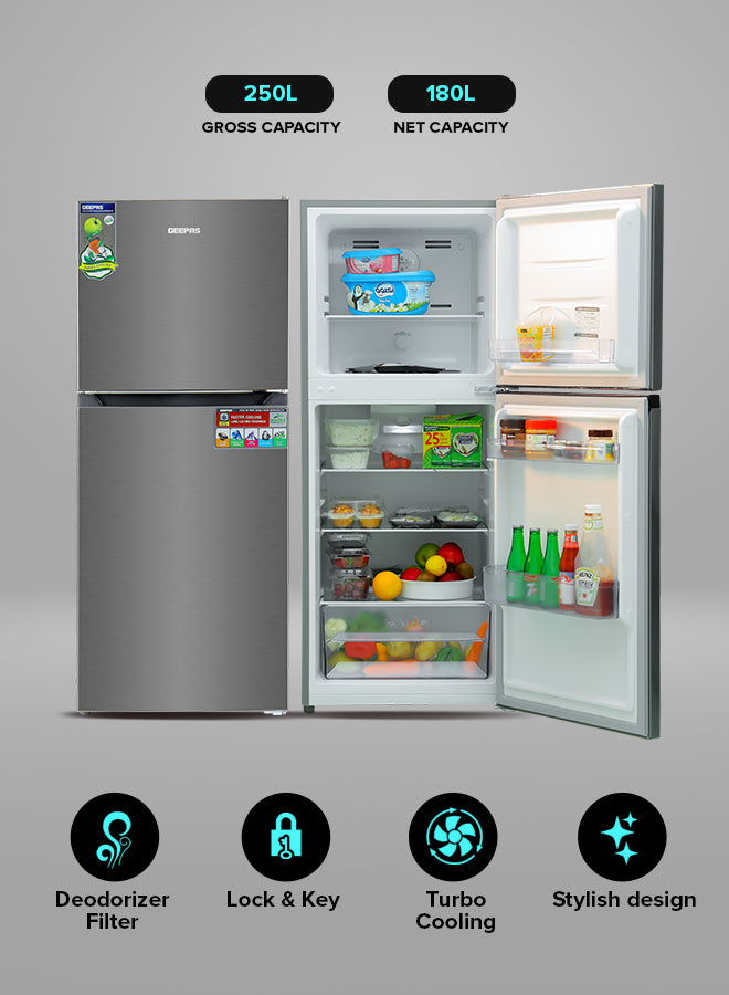 Geepas Double Door Total No-Frost Refrigerator- GRF2522SXN| Multi-Airflow with Faster and Deep Cooling| LED Interior Lamp and Unbreakable Glass Shelves