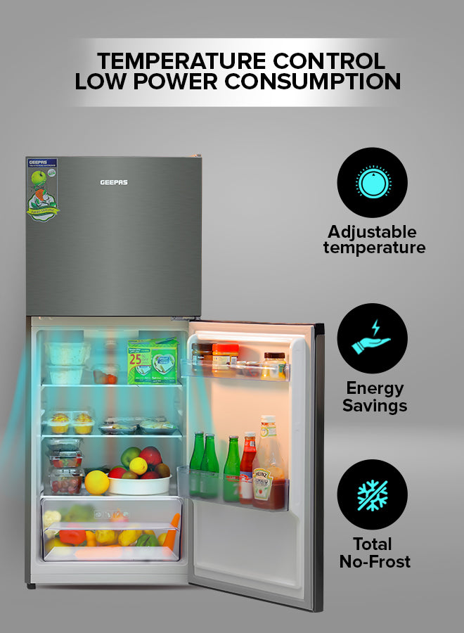 Geepas Double Door Total No-Frost Refrigerator- GRF2522SXN| Multi-Airflow with Faster and Deep Cooling| LED Interior Lamp and Unbreakable Glass Shelves