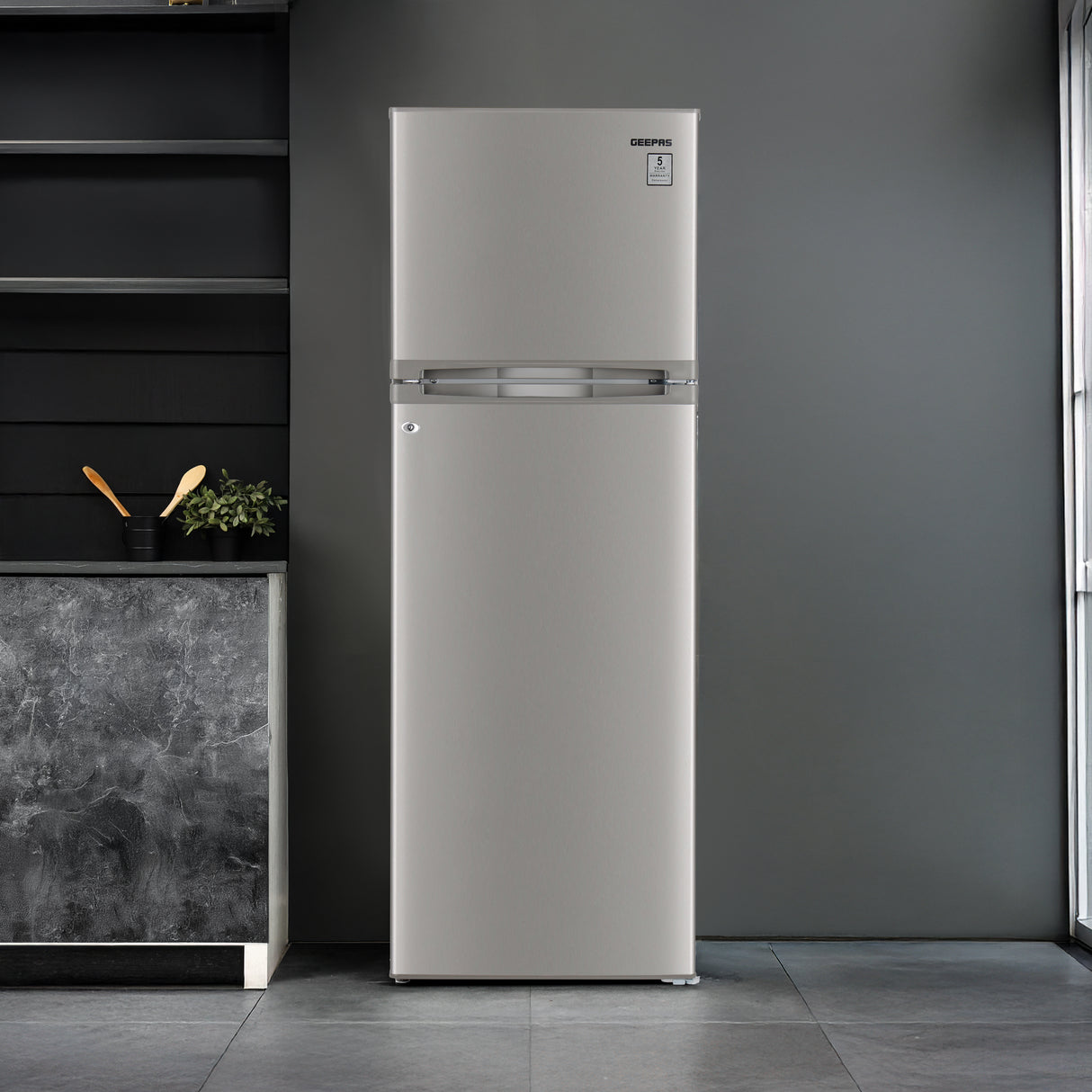 Geepas Defrost Double Door Refrigerator- GRF3500SXE/ Quick Cooling, Low Noise, Adjustable Thermostat/ Equipped with Glass Shelves, Big Crystal Drawer, Silver