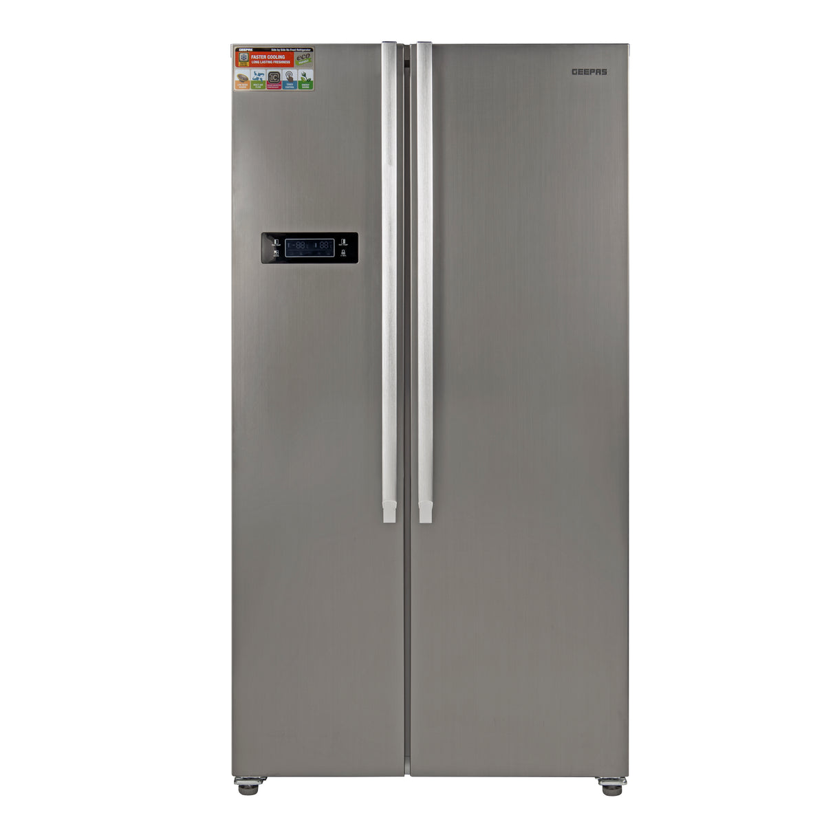 Geepas Side By Side Refrigerator, 550 Litre, GRFS5520SXHN | Digital Control Temperature Display | Inverter Compressor | Tempered Glass Shelf, Twist Ice Maker | Smart Eco, Super Freezing