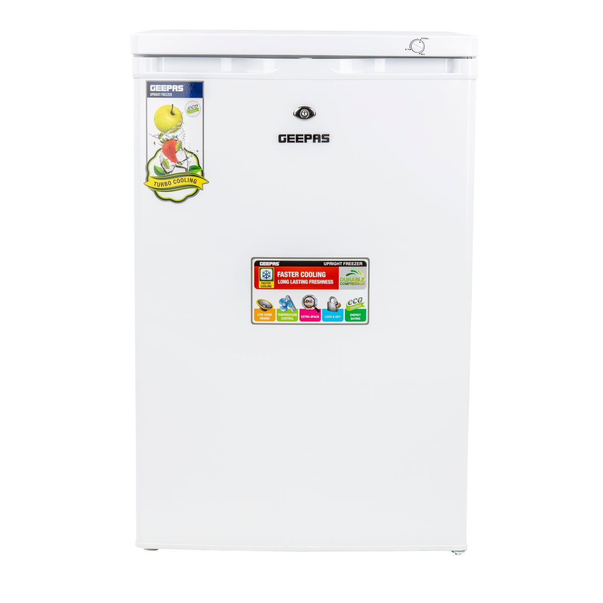 Geepas GRFU1206 Upright Freezer | 120L Capacity| -18°C Cooling| Tropical Compressor | 4 Crystal Drawers | Adjustable Thermostat|  3-Star ESMA Rating | 1-Year Warranty