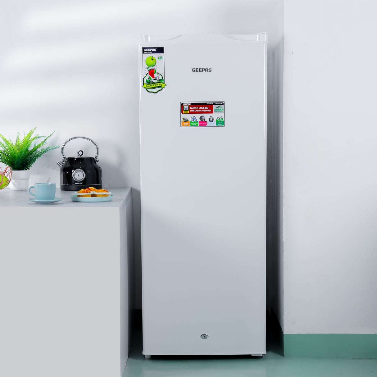 Geepas GRFU2006 Upright Freezer | 200L Capacity| -18°C Cooling| Tropical Compressor | 6 Crystal Drawers| Adjustable Thermostat|  3-Star ESMA Rating | 1-Year Warranty