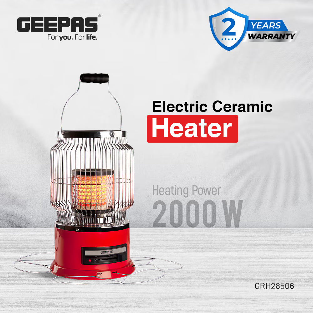 Geepas Ceramic Heater- GRH28506/ High Performance with 2000 W Power/ Safety Tip-Over Switch and Two-Levels of Heating/ Portable with a Carry Handle/ Red, 2 Years Warranty