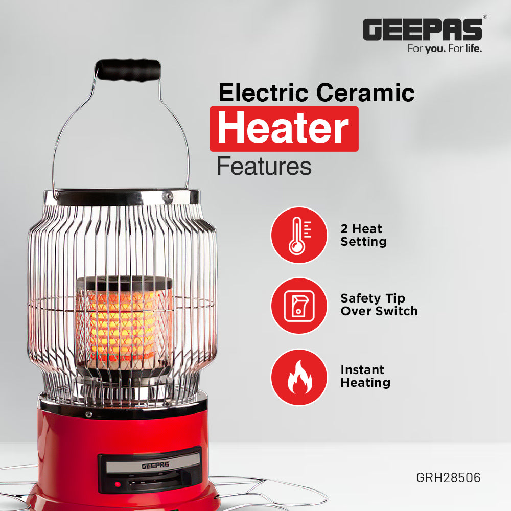 Geepas Ceramic Heater- GRH28506/ High Performance with 2000 W Power/ Safety Tip-Over Switch and Two-Levels of Heating/ Portable with a Carry Handle/ Red, 2 Years Warranty