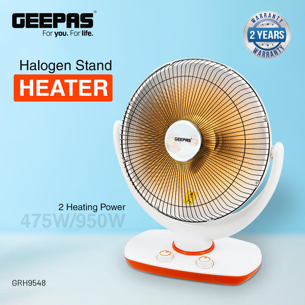 Geepas GRH9548 Halogen Stand Heater | 2 Heat Settings 475W/950W | 1-Hour Timer | Adjustable Head | Safety Tip-Over Switch | Portable & Lightweight | 2 Years Warranty