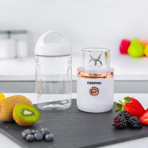 Geepas Rechargeable Portable Blender- GSB44058/ 420 ml Capacity / Single Click Operation, with Tritan Bottle and Motor Base, 10-15 min Working/ White, 2 Years Warranty