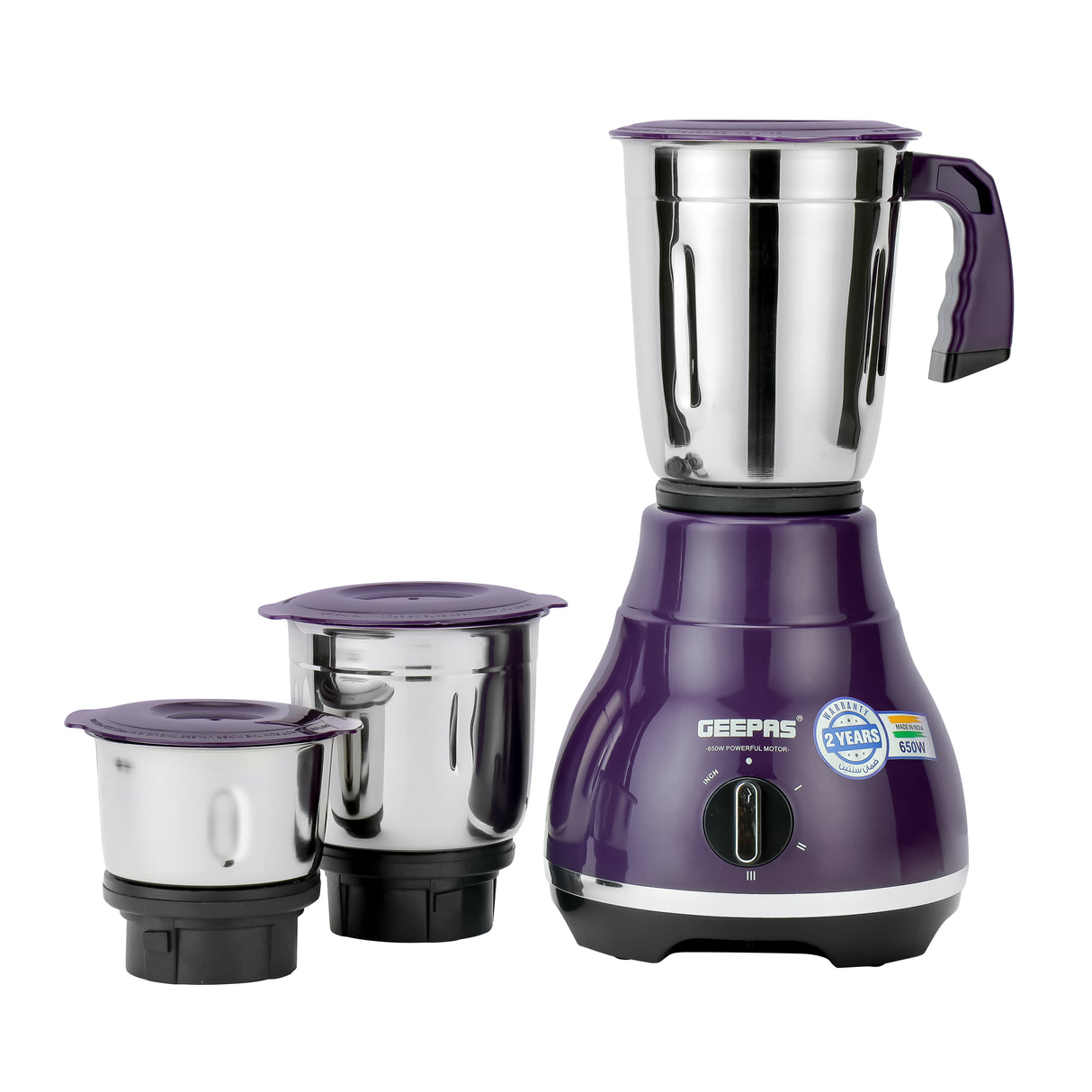 Geepas 3-IN-1 Mixer Grinder- GSB44087| 650W Powerful Copper Motor with Stainless Steel Jars (1.2 L, 0.8 L, 0.4 L) and Blades, Hi Gloss Body and Leak-proof Lid| Ergonomic Design with Motor Overload Protector| 3 Jars, 3 Speed Setting with Incher| Purple and
