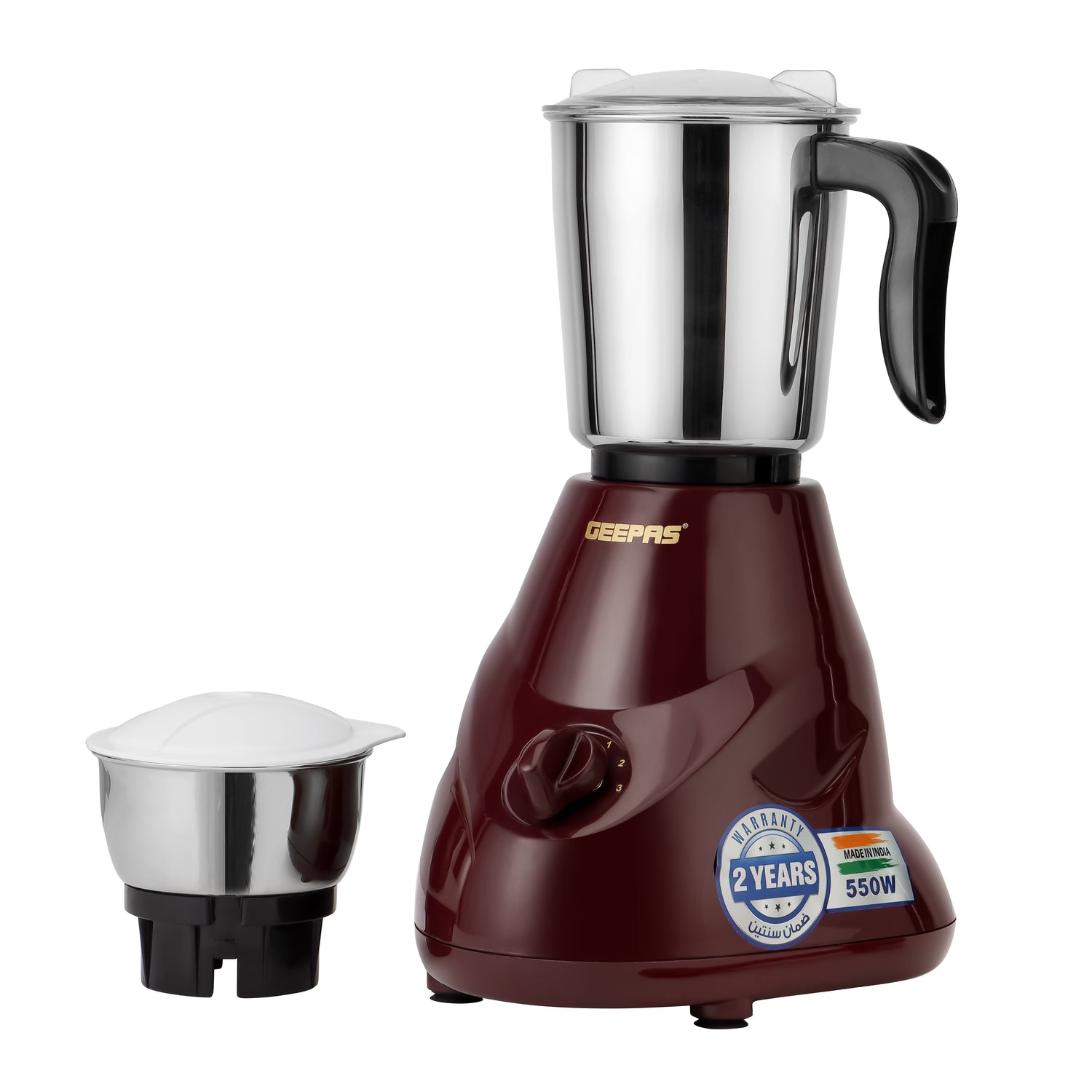 Geepas 2-IN-1 Mixer Grinder- GSB44091| 550W Powerful Motor, Stainless Steel Jars and Blade| Ergonomic Grip and Equipped with Overload Protector| Maroon, 2 Years Warranty