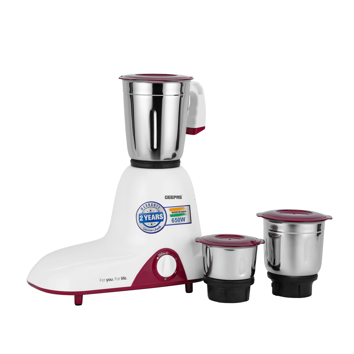 Geepas 3-IN-1 Mixer Grinder- GSB44094| 650W|  Stainless Steel Jars and Blades | Tetra Flow Technology | Overload Protector| 3 Jars| 3 Speed Control|  2 Years Warranty
