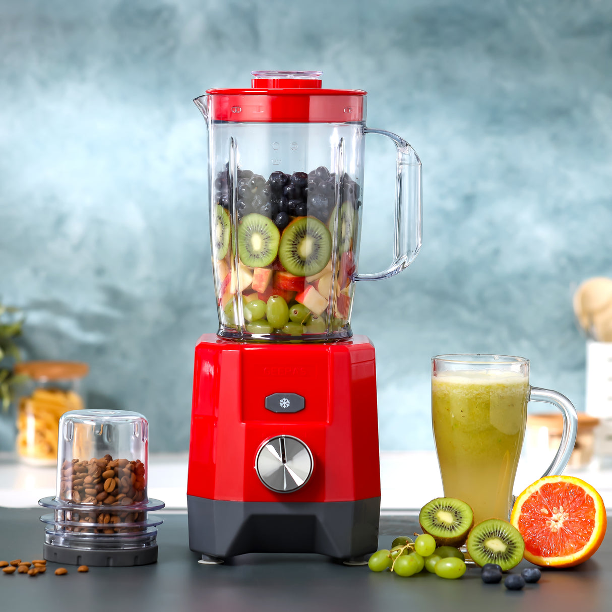 Geepas 2-in-1 Blender- GSB44107/ 650 W, 2 Speed Setting & Pulse/ Transparent and Unbreakable Jars with Stainless Steel Blade, Grinder Attachment/ 2 Years Warranty