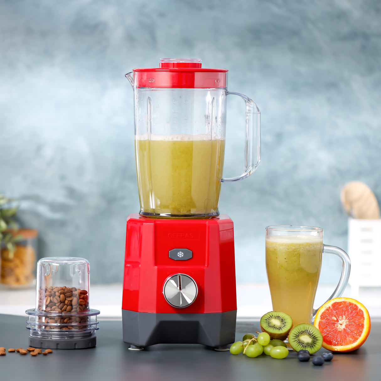 Geepas 2-in-1 Blender- GSB44107/ 650 W, 2 Speed Setting & Pulse/ Transparent and Unbreakable Jars with Stainless Steel Blade, Grinder Attachment/ 2 Years Warranty