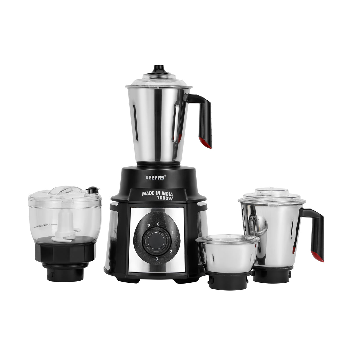 Geepas GSB44108 5-in-1 Mixer Grinder | 1000W Powerful Copper Motor | Durable Stainless Steel Body | Wet & Dry Jars, Chutney Jar, Transparent Atta Kneader & Chopper