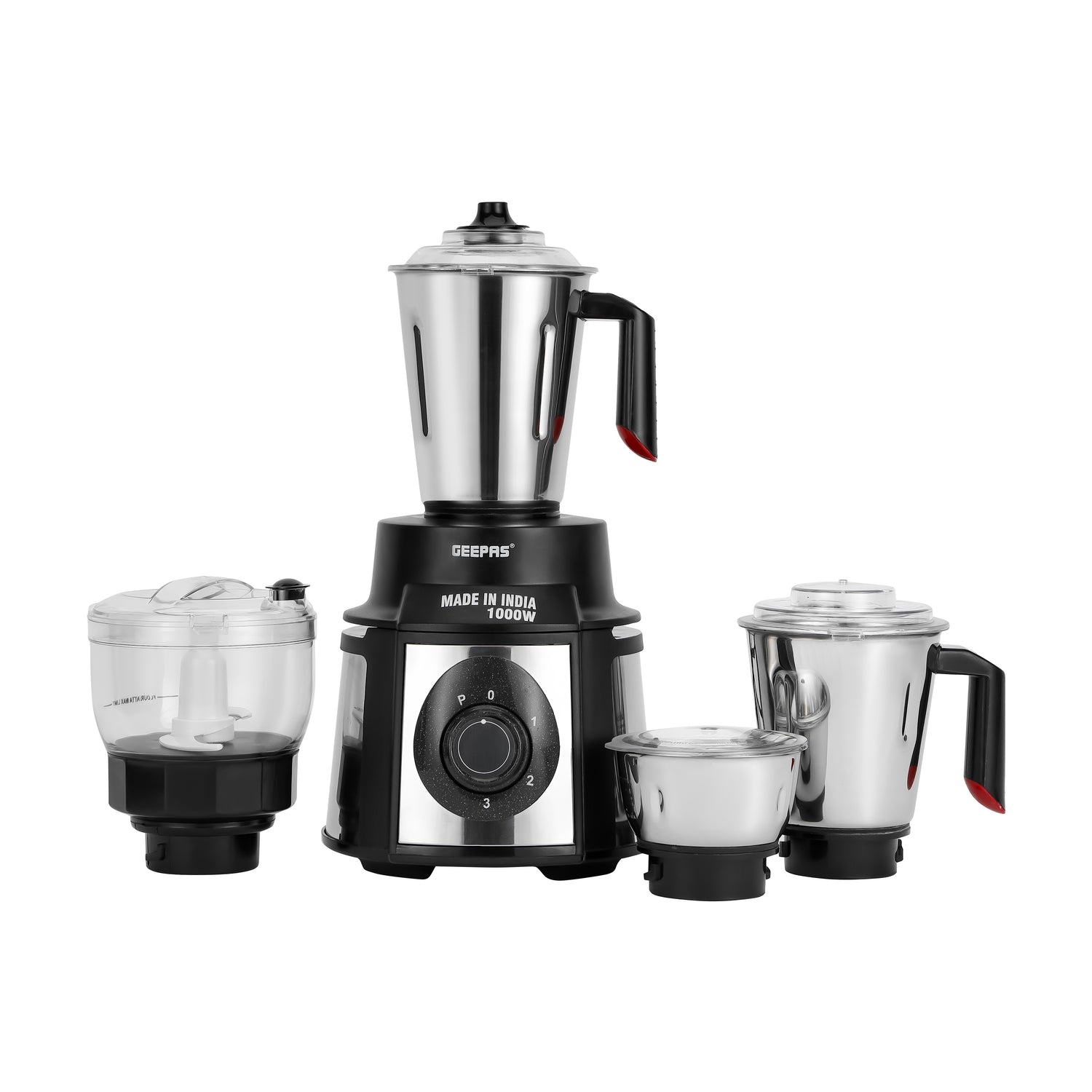 Geepas GSB44108 5-in-1 Mixer Grinder | 1000W Powerful Copper Motor | Durable Stainless Steel Body | Wet & Dry Jars, Chutney Jar, Transparent Atta Kneader & Chopper