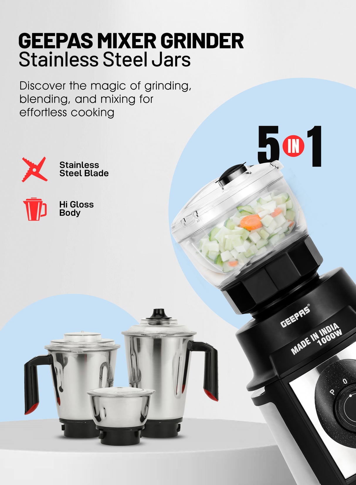 Geepas GSB44108 5-in-1 Mixer Grinder | 1000W Powerful Copper Motor | Durable Stainless Steel Body | Wet & Dry Jars, Chutney Jar, Transparent Atta Kneader & Chopper